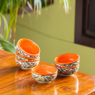 Mughal Bagheecha' Hand-painted Ceramic Dinner Bowls/Katoris (Set of 6 | 160 ML | Microwave Safe)