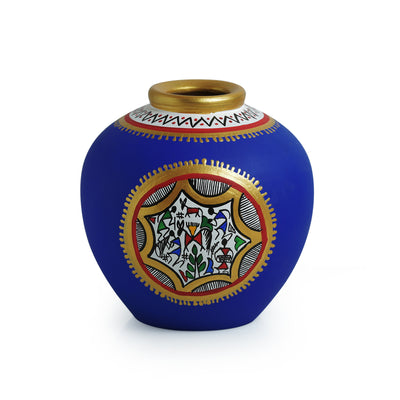 Terracotta Handpainted Warli Vase Matki Blue 6 Inch