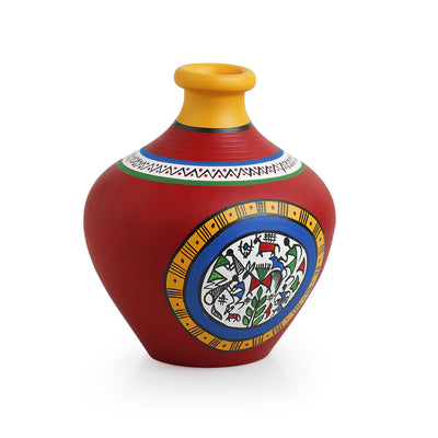 Terracotta Handpainted Warli Vase Matki Neck Red 6 Inch