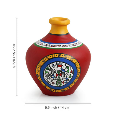 Terracotta Handpainted Warli Vase Matki Neck Red 6 Inch