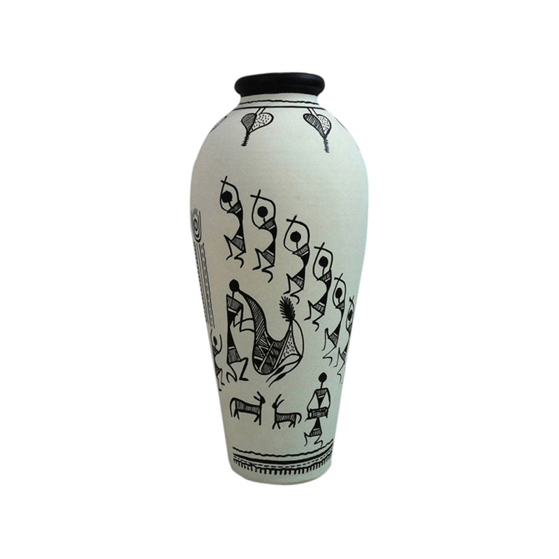 Terracotta Handpainted Warli Vase Round White 6 Inch