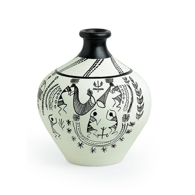 Terracotta Handpainted Warli Vase Matki Neck White 6 Inch