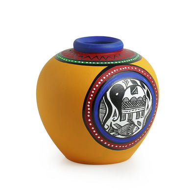 Terracotta Handpainted Warli Vase Matki Yellow 6 Inch