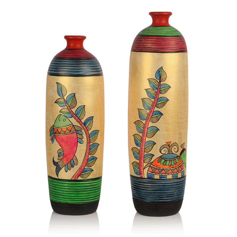 Madhubani Handpainted Bottle Shaped Terracotta Vase Set