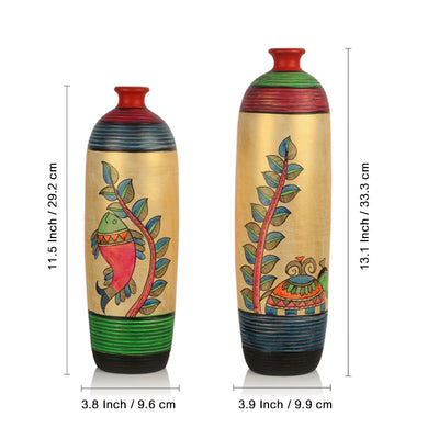 Madhubani Handpainted Bottle Shaped Terracotta Vase Set