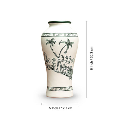 'Tribal Serenity' Tapered Terracotta Vase With Warli Hand-Painting (20.3 cm)