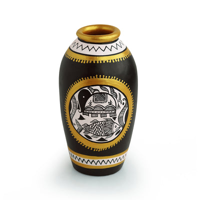'Long & Tapered' Vase With Intricate Madhubani Hand-Painting In Terracotta (6 Inches)