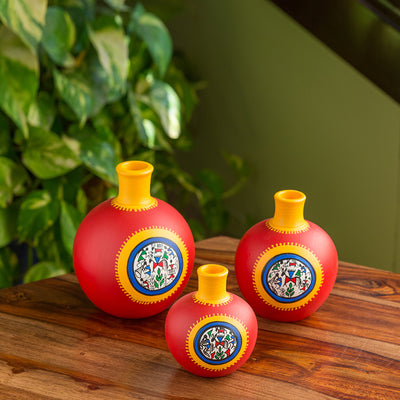Red Matki Trio' Warli Hand-Painted Vases In Earthen Terracotta (Set of 3 | Tango Red)