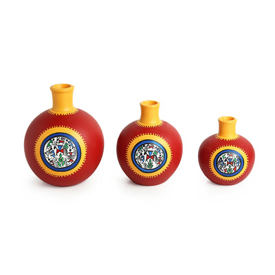 Red Matki Trio' Warli Hand-Painted Vases In Earthen Terracotta (Set of 3 | Tango Red)