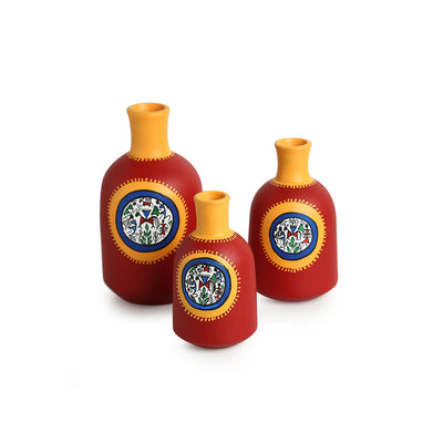 Red Bottle Triplets' Warli Hand-Painted Vases In Earthen Terracotta (Set of 3 | Tango Red)