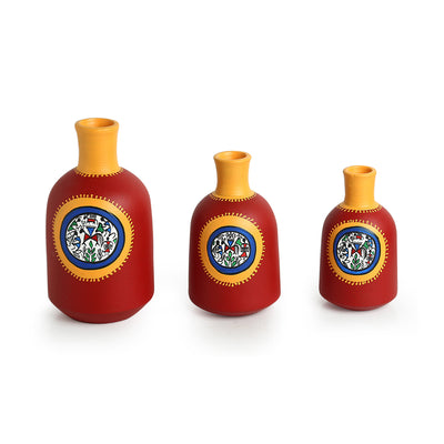 Red Bottle Triplets' Warli Hand-Painted Vases In Earthen Terracotta (Set of 3 | Tango Red)