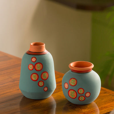 Desert Matki & Bottle' Hand-Painted Vases In Terracotta (Set of 2 | Turquoise Blue)