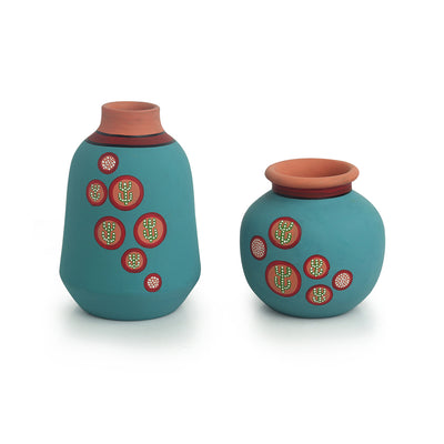 Desert Matki & Bottle' Hand-Painted Vases In Terracotta (Set of 2 | Turquoise Blue)