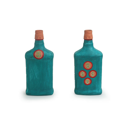 Oasis Flasks' Hand-Painted Money Planter Bottle Vases In Glass (Set of 2 | Turquoise Blue)