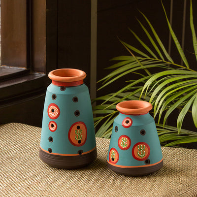 Desert Matki Duo' Hand-Painted Vases In Terracotta (Set of 2 | Turquoise Blue)