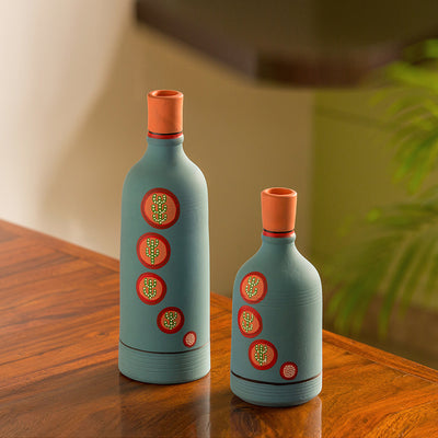 Desert Bottle Duo' Hand-Painted Vases In Terracotta (Set of 2 | Turquoise Blue)