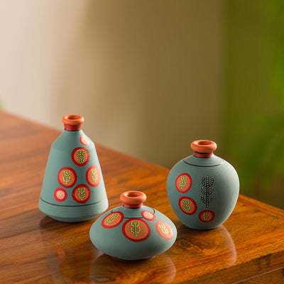Desert Matki Trio' Hand-Painted Vases In Terracotta (Set of 3 | Turquoise Blue)