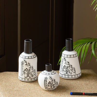 The Warli Tales' Hand-Painted Vases In Terracotta (Set of 3 | White)