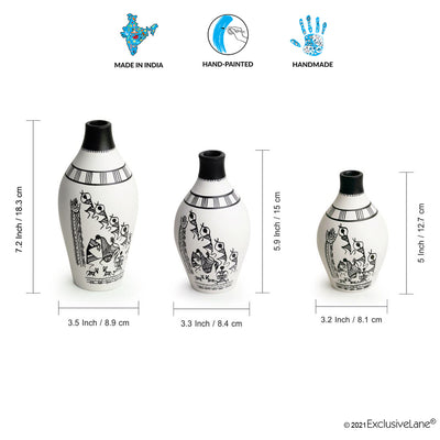 The Warli Tales' Hand-Painted Vases In Terracotta (Set of 3 | White)