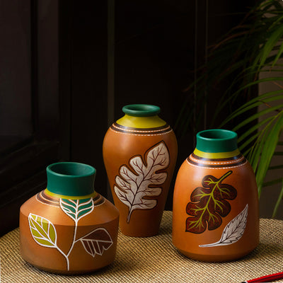 Shades of a Leaf' Hand-Painted Terracotta Vases (Set of 3 | Earthen Pots)