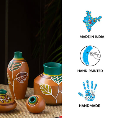 Shades of a Leaf' Hand-Painted Earthen Terracotta Pots Showpieces (Set of 4 | Earthen Pots)