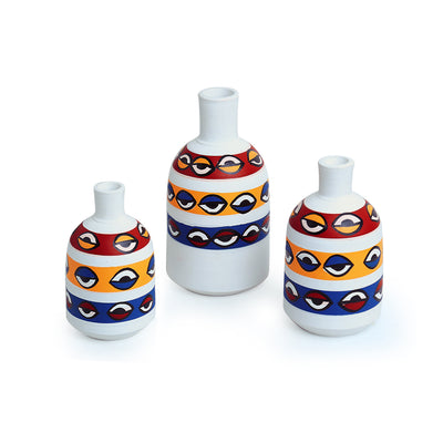The Eye of Horus' Hand-painted Bottled Shaped Terracotta Vases (Set of 3 | Earthen Pots)