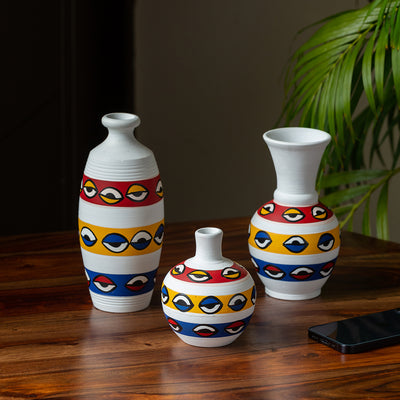 The Eye of Horus' Hand-painted Urn Shaped Terracotta Vases (Set of 3 | Earthen Pots)