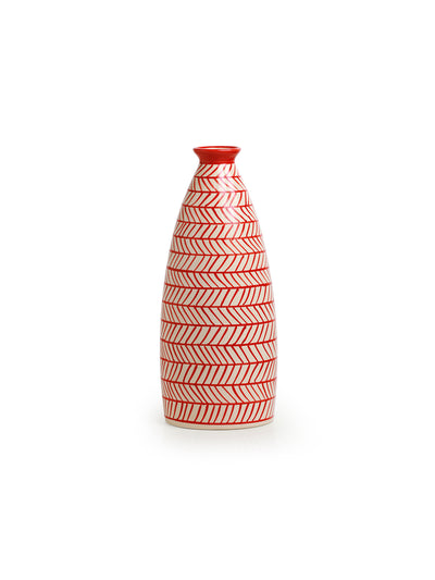 'Red Chevrons' Handpainted Round Vase in Ceramic (10 Inch)