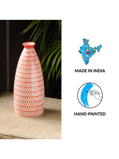 'Red Chevrons' Handpainted Round Vase in Ceramic (10 Inch)