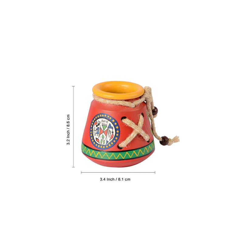 Terracotta Warli Handpainted  Pen Stand Knitted Red
