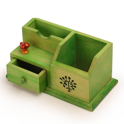 Wooden Multipurpose Table Organiser With Tree Carving and Parrot