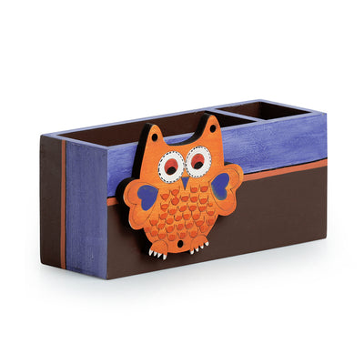 'Owl Motif' Stationery Cum Cutlery Holder In Wood (2 Partitions)