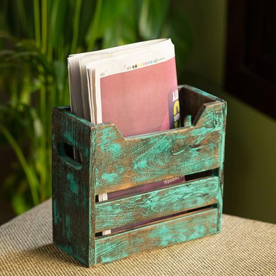 'Rustic Crate' Antique Finish Table Magazine Holder In Mango Wood