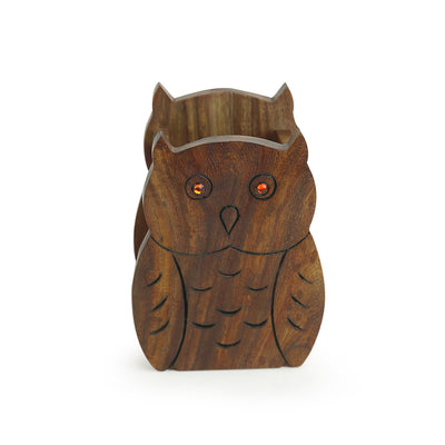 'The Two Hooting Owls' Table Organiser With Hand Carved Owl Motif In Sheesham Wood