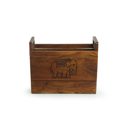 'The Elephant Warriors' Hand Carved Table Magazine Stand In Sheesham Wood