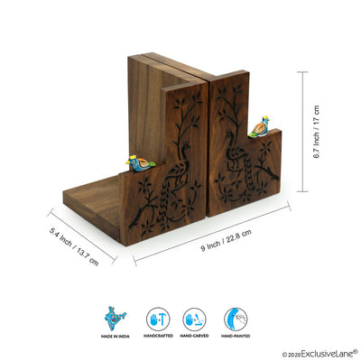 'Peacock Pair' Hand Carved Book Ends In Sheesham Wood