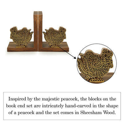 'The Dancing Peacock' Hand Carved Book Ends in Sheesham Wood