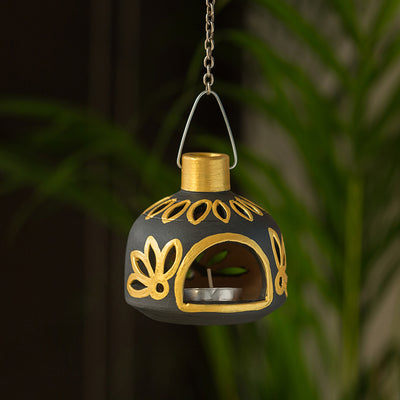 'Glowing Matki' Hand-Painted Hanging Tea Light Holder In Terracotta