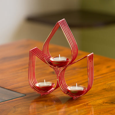 Red Leaf-Drops' Handcrafted Table Tea-Light Holder In Iron