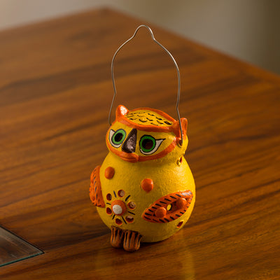 Glowing Owl' Handmade & Hand-Painted Tea-Light Holder In Terracotta