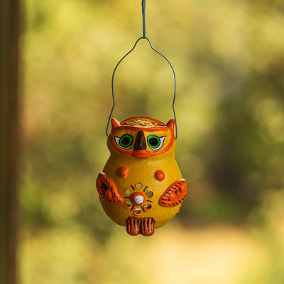 Glowing Owl' Handmade & Hand-Painted Tea-Light Holder In Terracotta