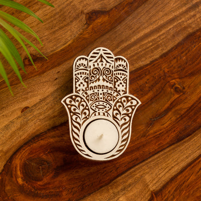 Radiant Palm' Hand-Carved Block Tea-Light Holder In Sheesham Wood