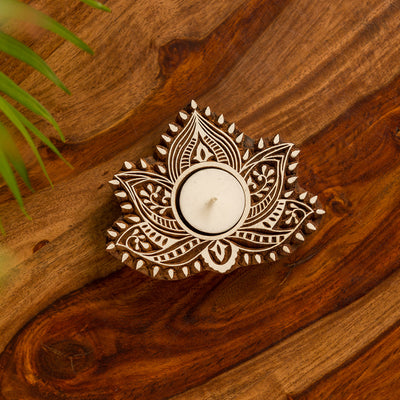 Luminous Lotus' Hand-Carved Block Tea-Light Holder
