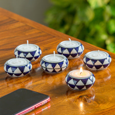 Shimmering Mughals' Geometric Hand-painted Tea-Light Holders In Ceramic (Set of 6)