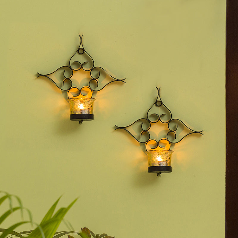 Glowing Flowers Handcrafted Wall Sconce Tea-Light Holders In Iron (Set of 2)