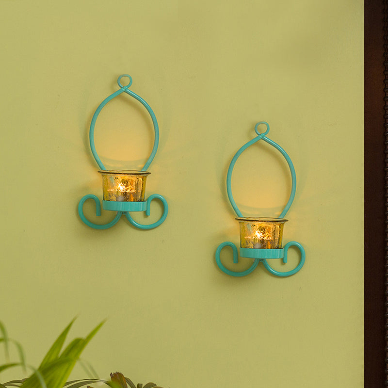 Glowing Curved Handcrafted Wall Sconce Tea-Light Holders In Iron (Set of 2)