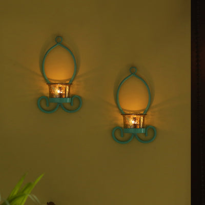 Glowing Curved Handcrafted Wall Sconce Tea-Light Holders In Iron (Set of 2)