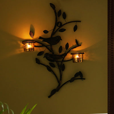 Birds On Branch Handcrafted Wall Sconce Tea Light Holder In Iron With Glass Holders