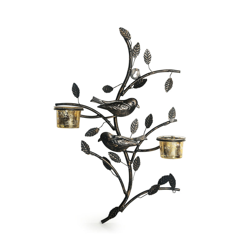 Birds On Branch Handcrafted Wall Sconce Tea Light Holder In Iron With Glass Holders