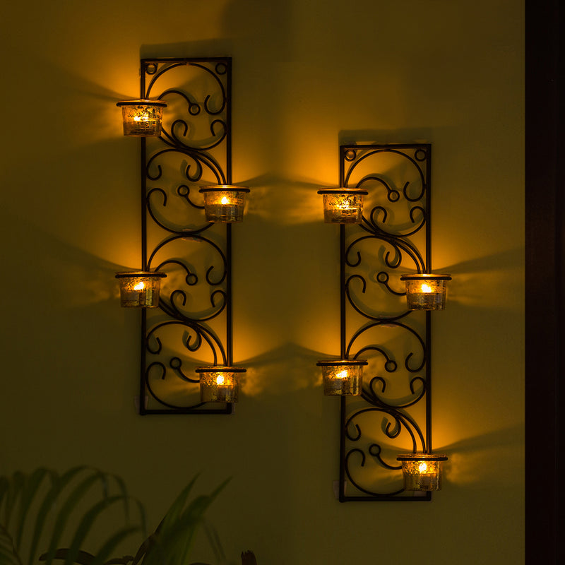 Glowing Vines Handcrafted Wall Sconce Tea Light Holders In Iron With Glass Holders (Set of 2)